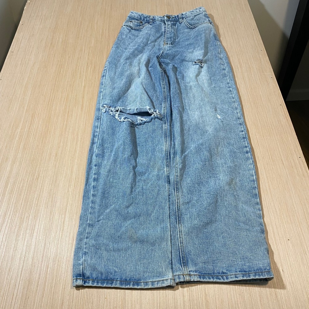 Zore Studio Womens Wide Leg Distressed Jeans Light Wash Baggy Knee Blowout 25